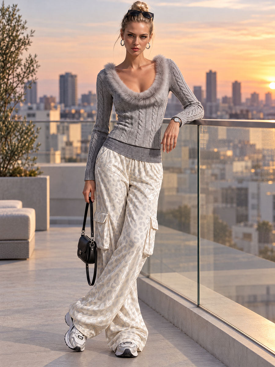 Stylish Retro Gray Faux Fur Collar Knit Sweater And Leopard Print Velvet Trousers Set