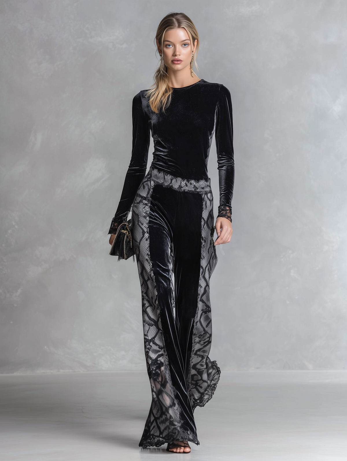 Elegant Snake-Print Trim Black Velvet T-Shirt And Wide-Leg Trousers Set