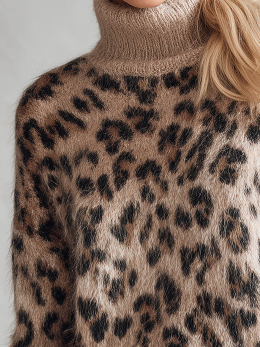 Vintage-style Warm Leopard-print Mohair Turtleneck Sweater