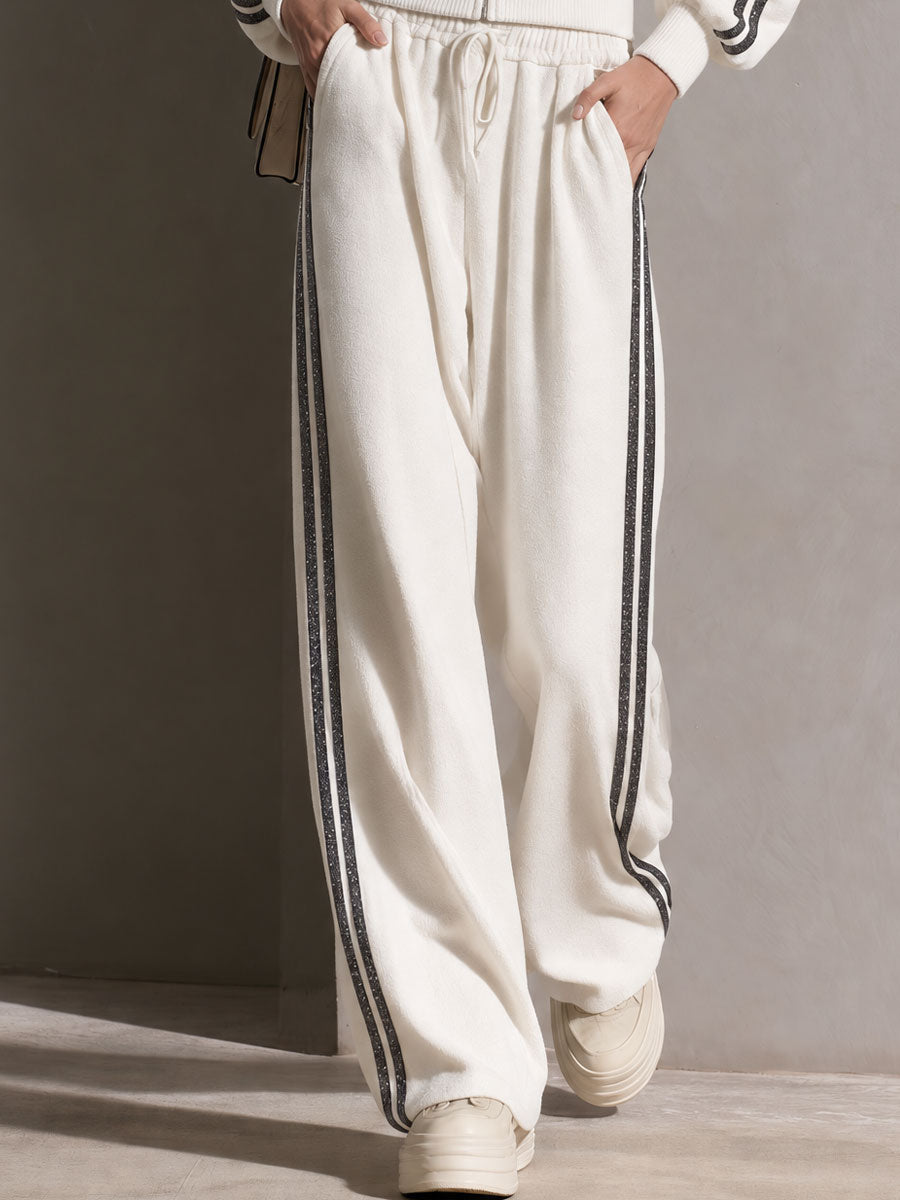 Casual Sporty Retro Double-Breasted Decorative Button White Cotton Jacket And Pants Set