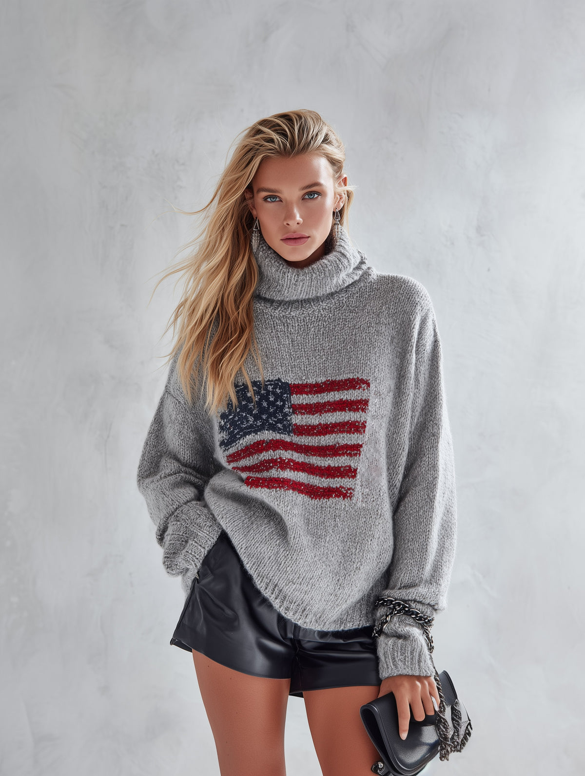 Chic Urban Grey Flag High-Neck Sweater