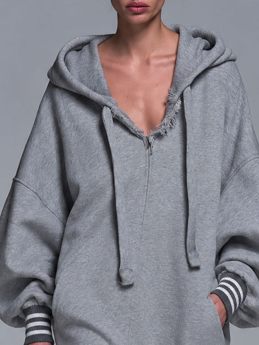 Fashionable Retro Striped Cuff Gray Hooded Irregular Hem Cotton Midi Dress