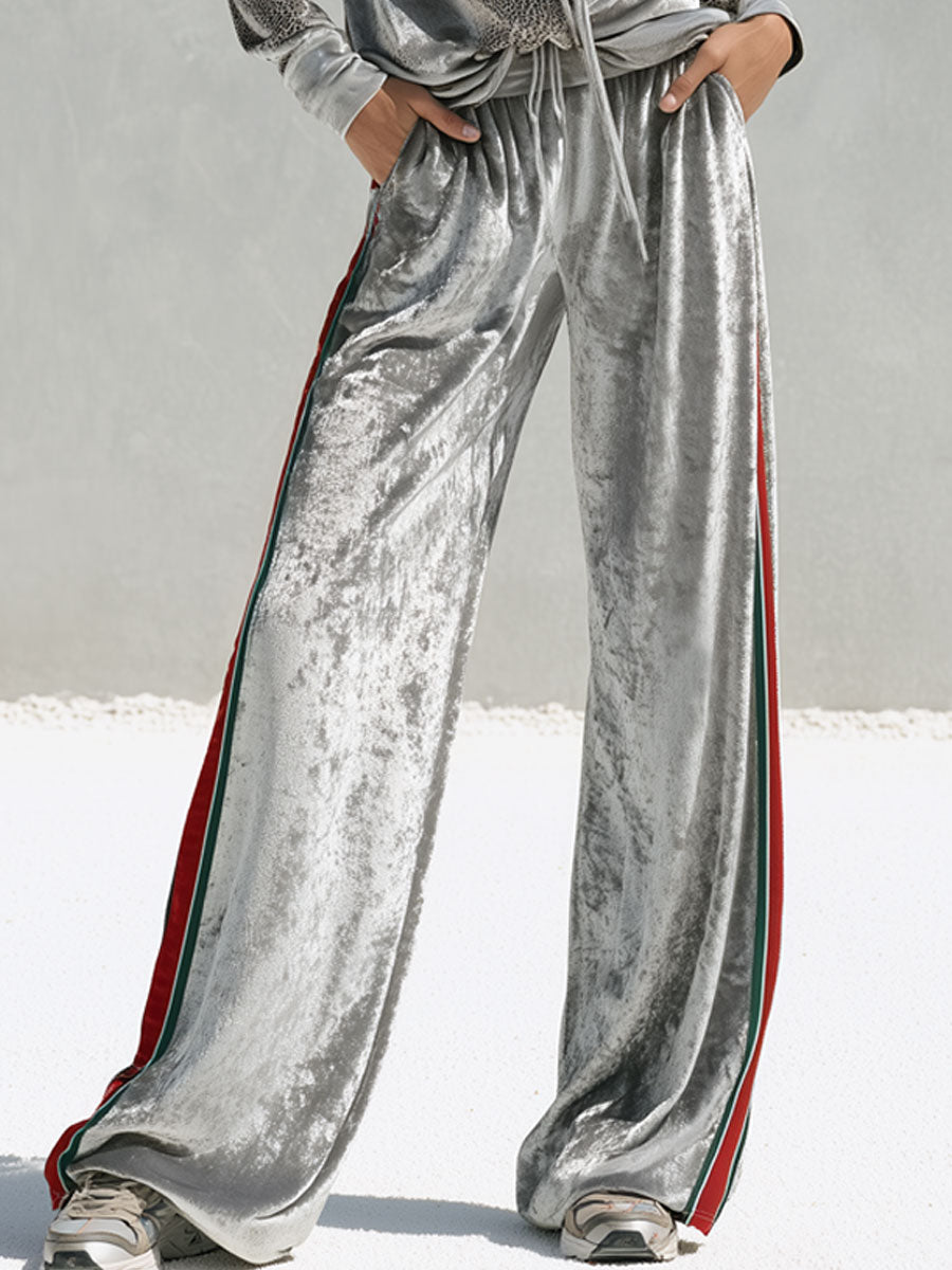 Fashionable Reindeer And Leopard Print Silver Diamond Velvet Top And Striped Pants Set