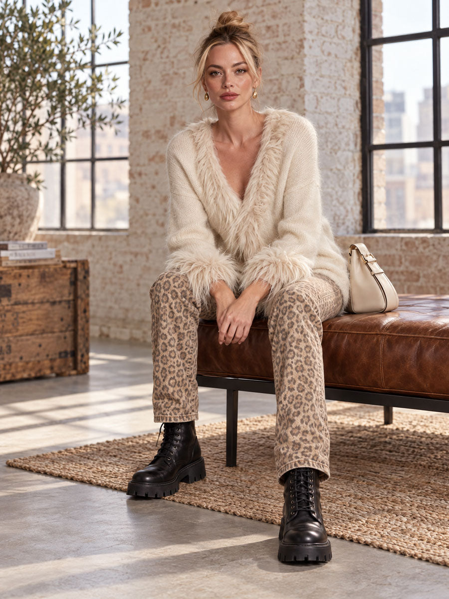 Retro Elegant Beige Faux Fox Fur Trim V-neck Knit Sweater
