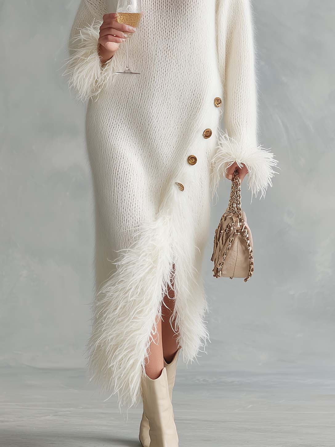 Elegant Ivory Fuzzy Mohair Feather Trim Turtleneck Side Slit Maxi Sweater Dress