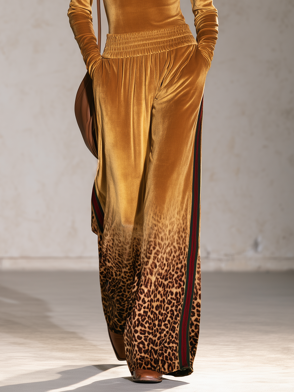Retro Chic Mustard Velvet Leopard Turtleneck Top & Wide-Leg Pants Set