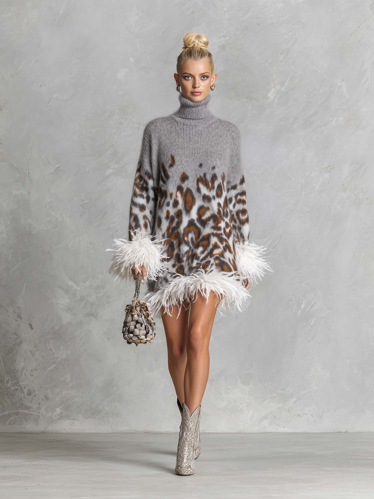 Glam Leopard Print Feather Trim Fuzzy Knit Oversized Turtleneck Mini Sweater Dress