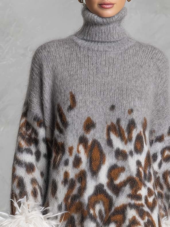 Glam Leopard Print Feather Trim Fuzzy Knit Oversized Turtleneck Mini Sweater Dress
