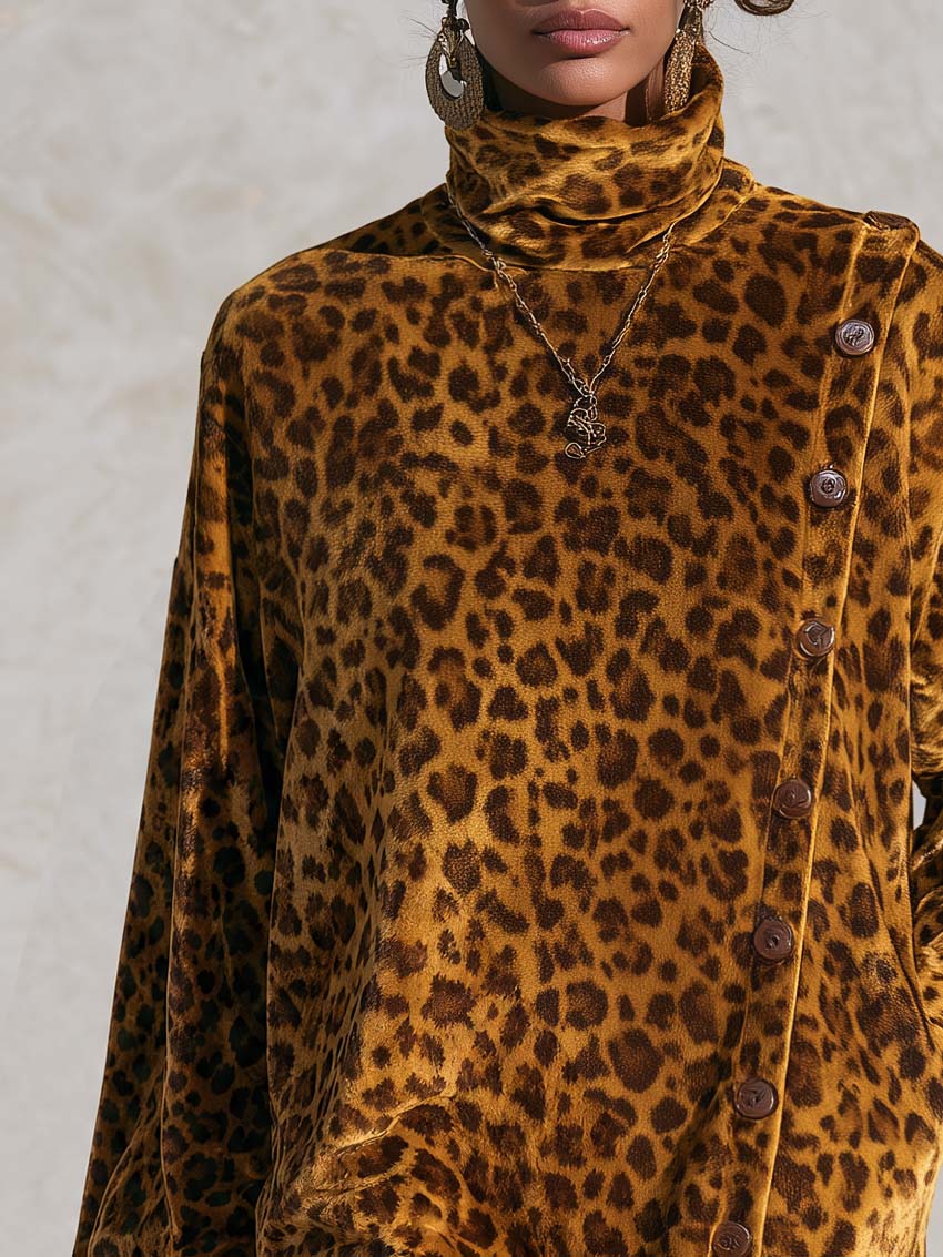 Vintage Leopard Print Velvet Asymmetric Button-Front Cowl Neck Long Sleeve Mini Dress