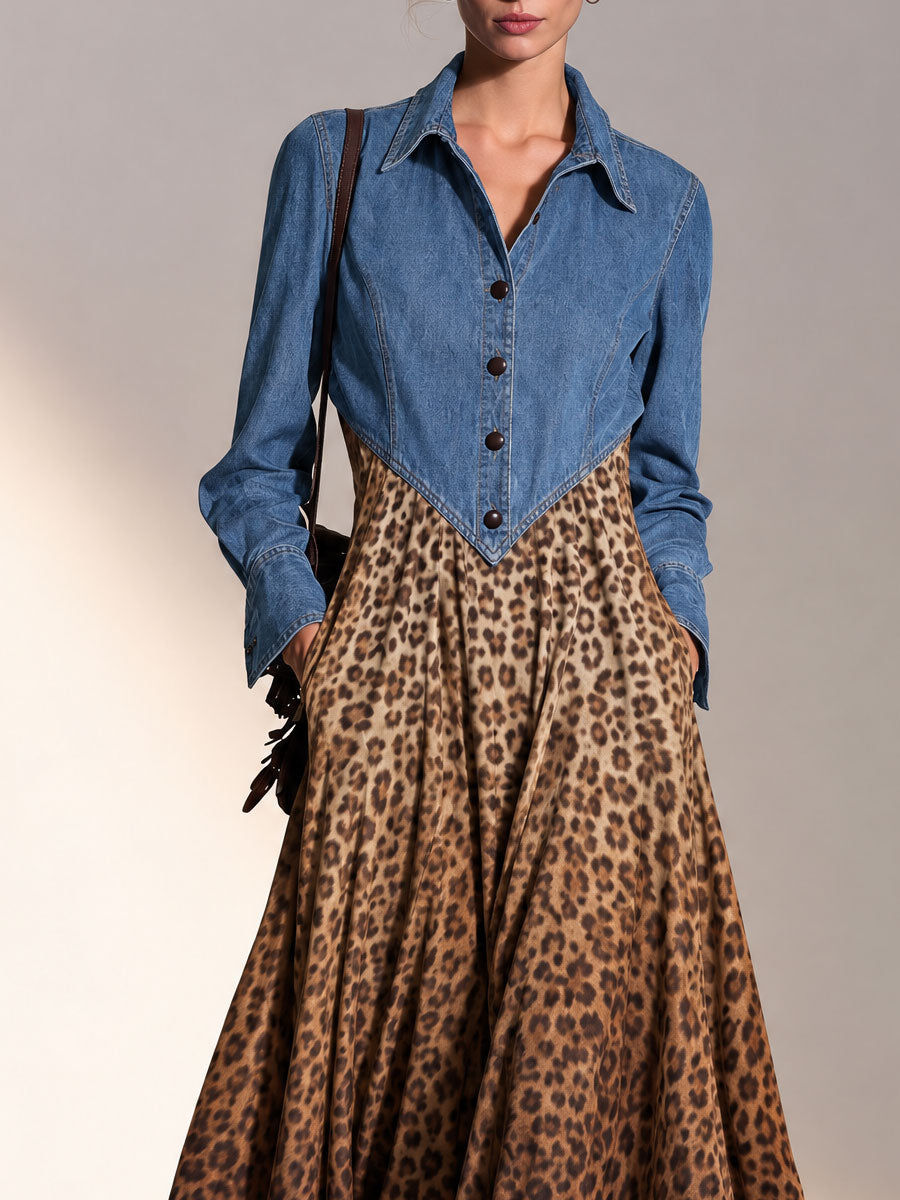 Fashionable Retro Blue Denim Patchwork Leopard Print Velvet Print Maxi Dress