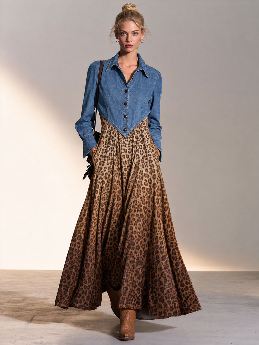 Fashionable Retro Blue Denim Patchwork Leopard Print Velvet Print Maxi Dress