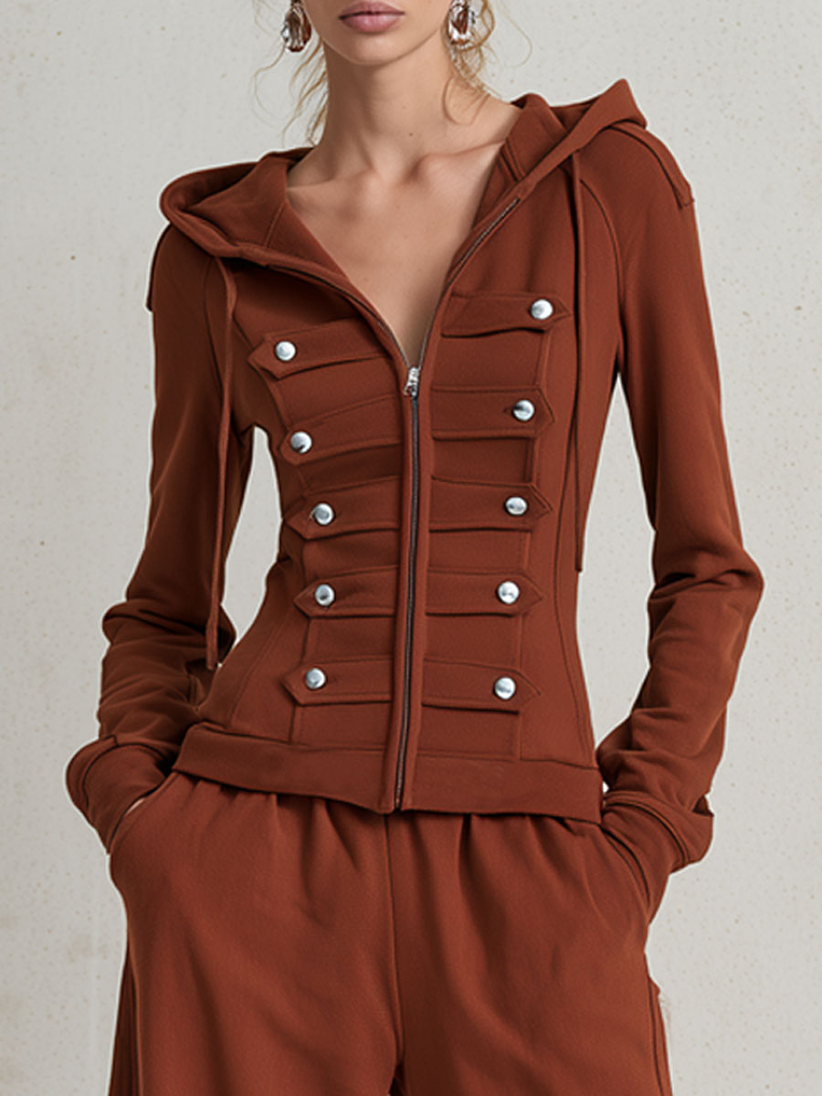Sporty Retro Military Style Red Brown Cotton Hooded Sweatshirt And Pants Set