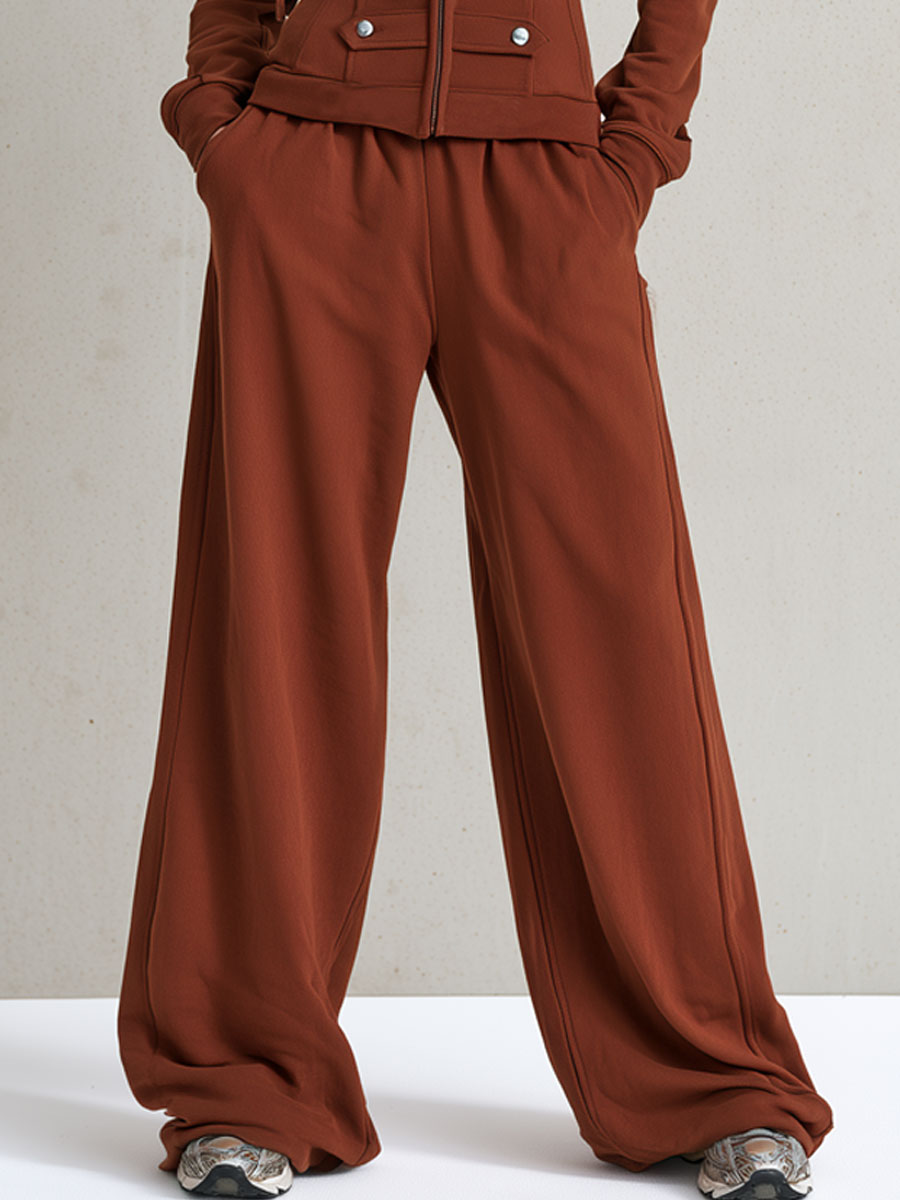 Sporty Retro Military Style Red Brown Cotton Hooded Sweatshirt And Pants Set