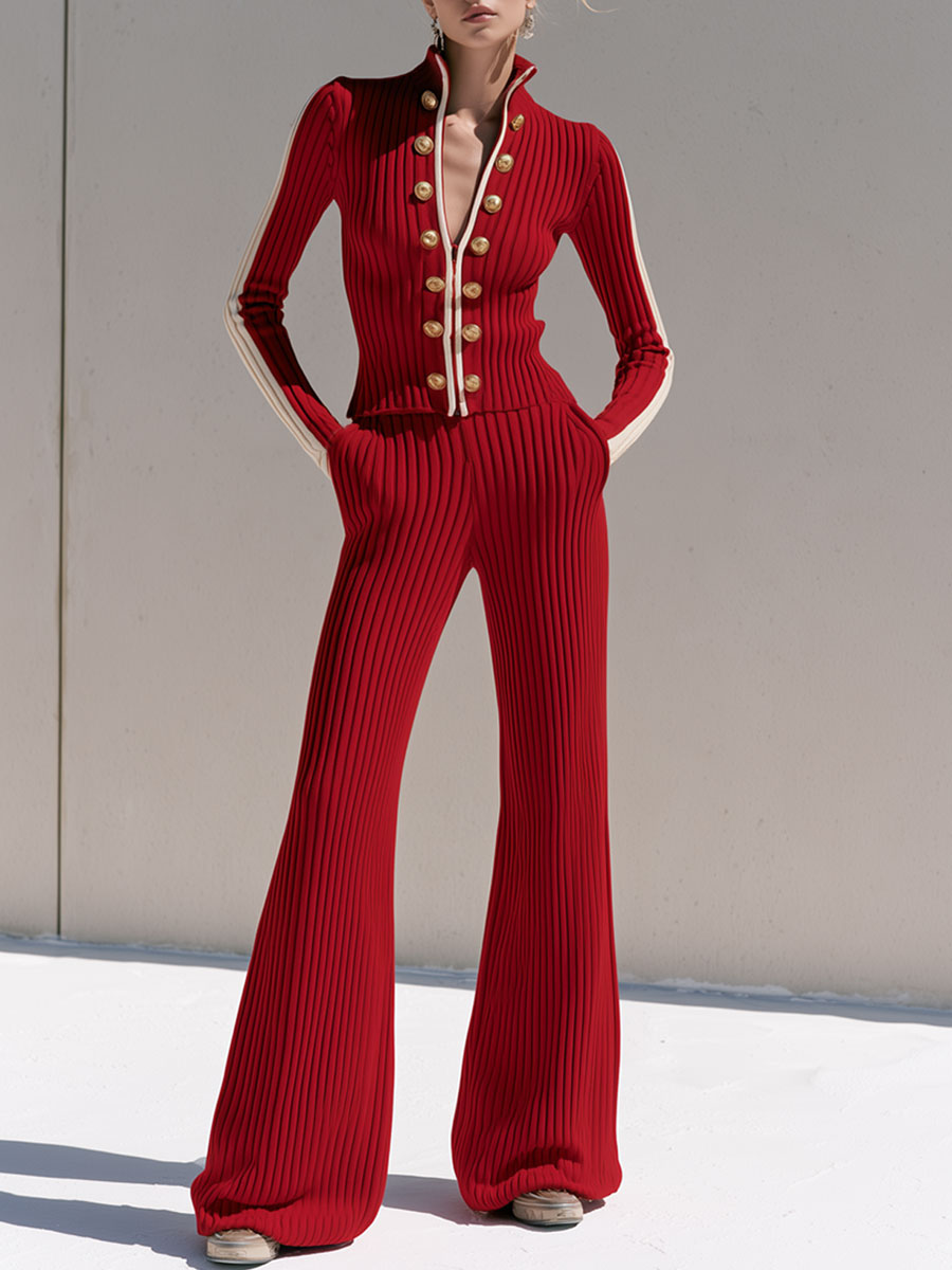 Retro-style Military-inspired Slim-fit Red Knit Jacket And Pants Set