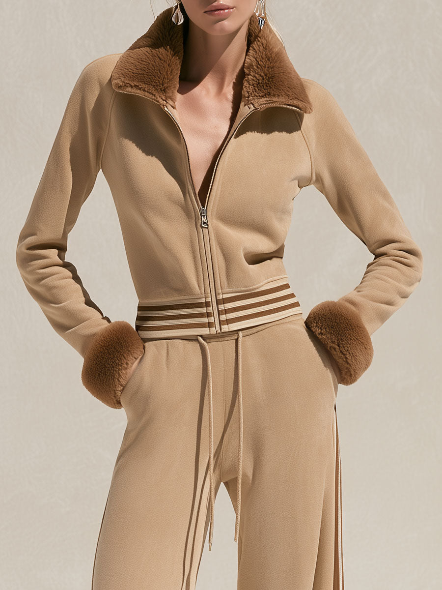 Sporty Retro Faux Fur Khaki Cotton Jacket Sweatshirt And Pants Set
