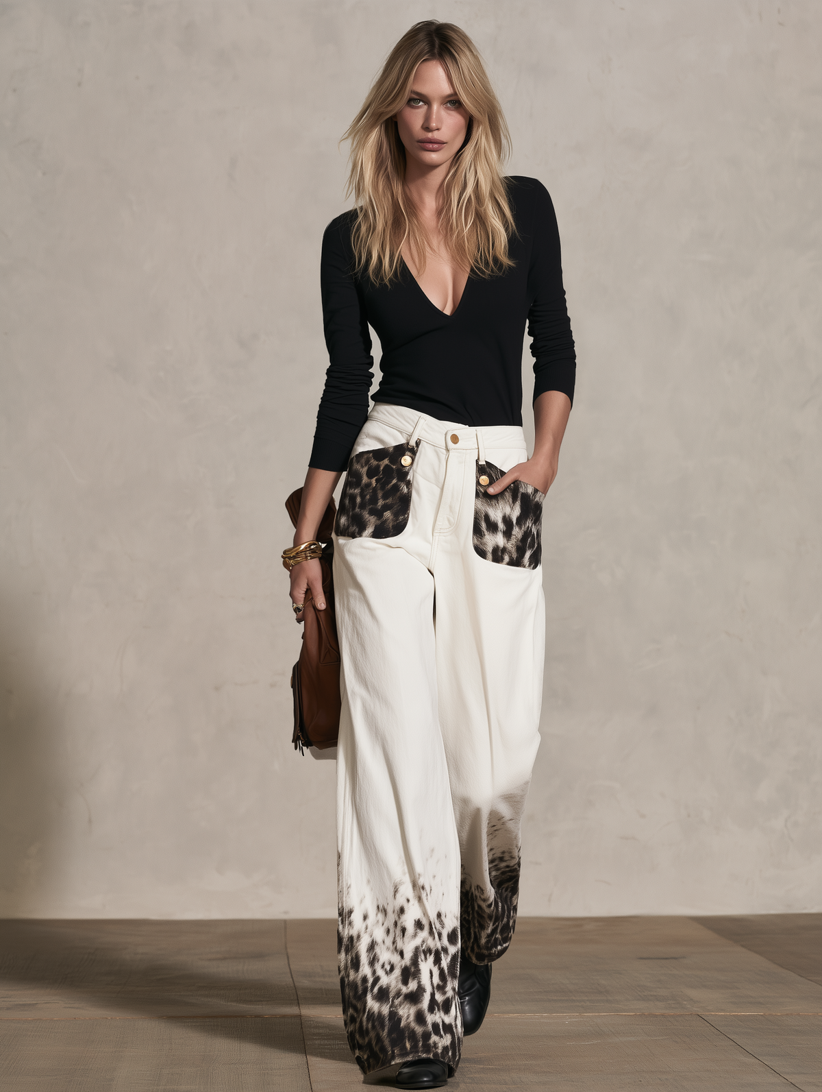 Retro Leopard Gradient Wide-Leg Jeans For Women Vintage High Rise Denim