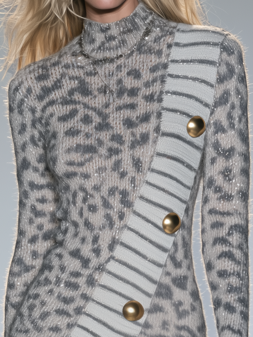 Retro Gold Silver Metallic Knit Leopard Mini Skirt For Women
