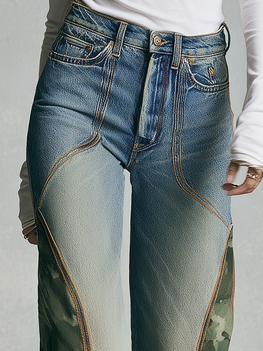 Edgy Vintage Blue Women Camo Inset Wide Leg Denim Jeans