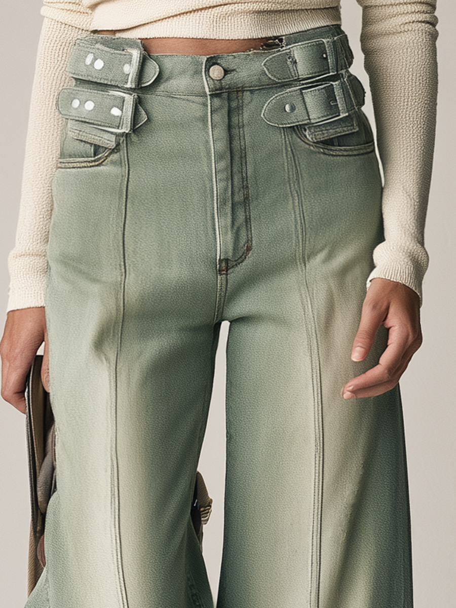 Utility Sage Green Women High Waist Buckle Wide Leg Denim Jeans