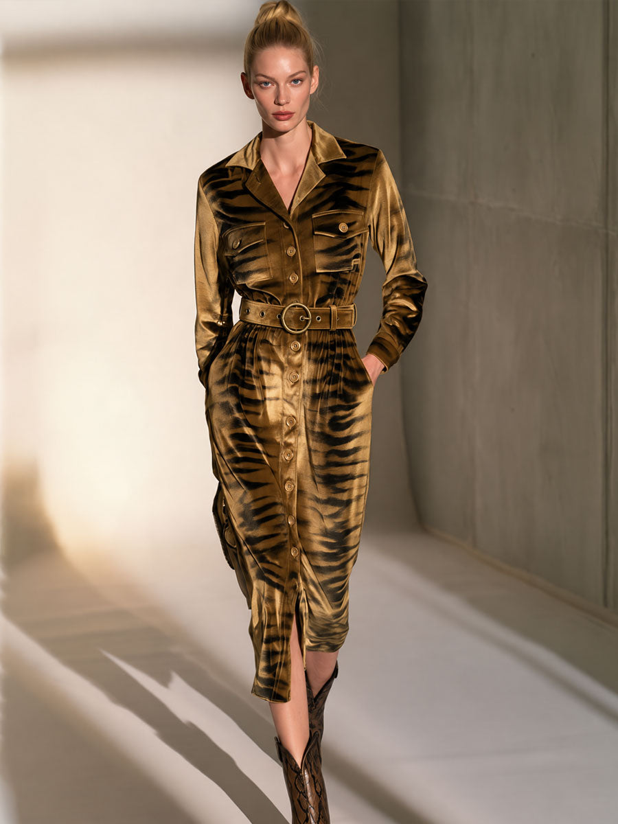 Retro-elegant Zebra Print Gold Velvet Midi Dress