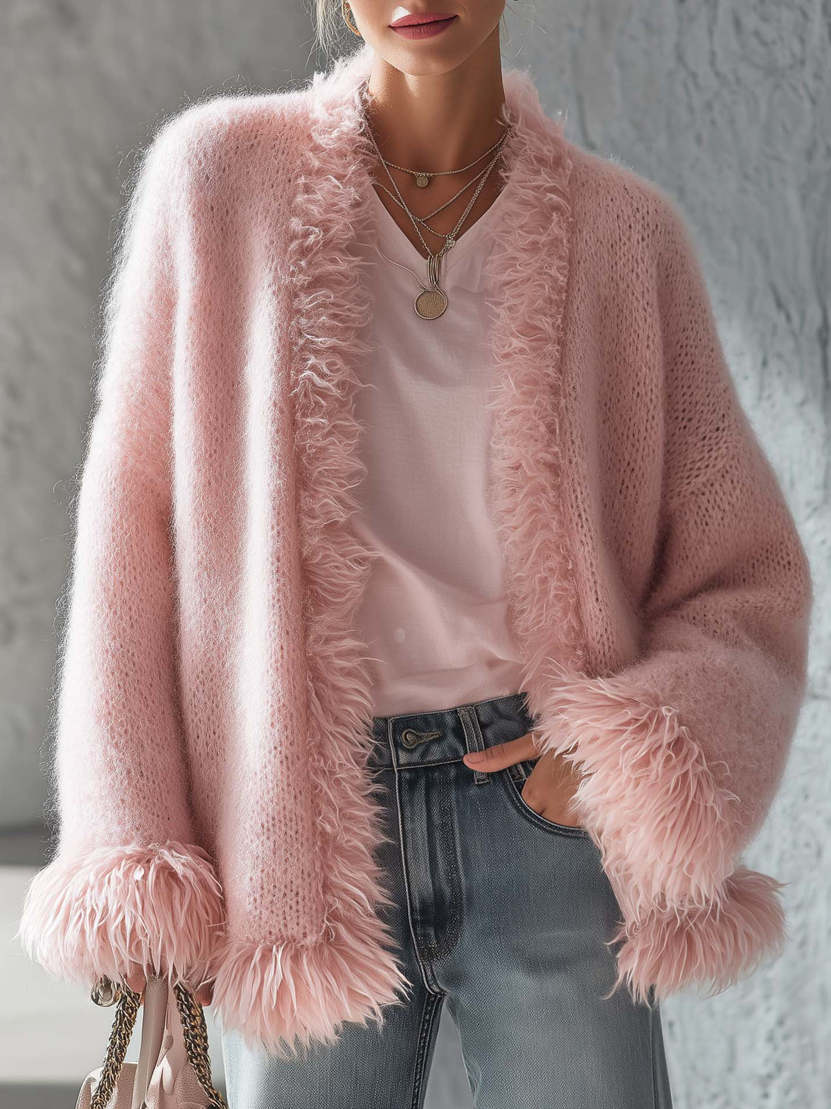 Elegant Pink Faux Fur Trim Fuzzy Knit Open Front Oversized Women Cardigan