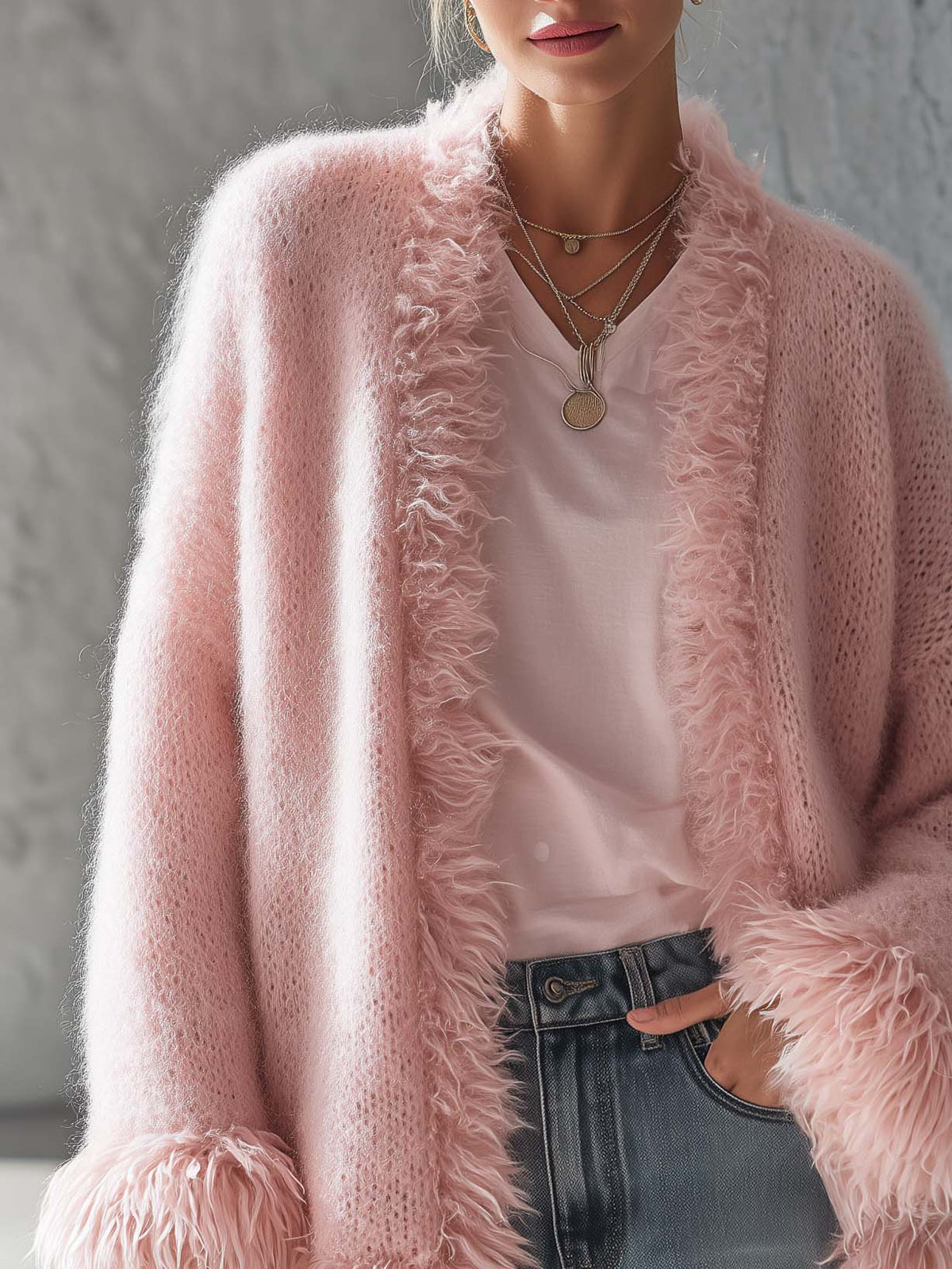 Elegant Pink Faux Fur Trim Fuzzy Knit Open Front Oversized Women Cardigan