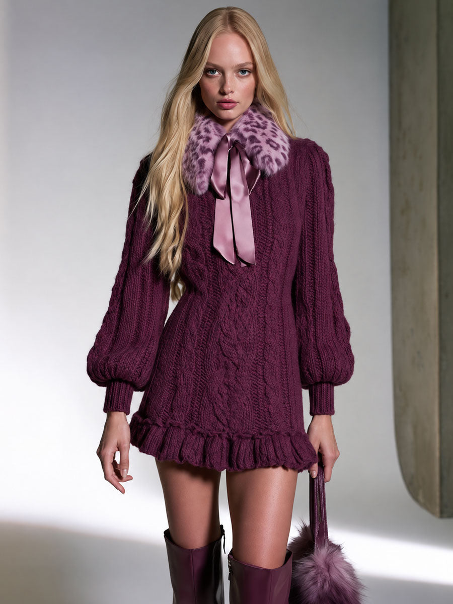 Classic Leopard Print Tie-neck Purple Ruffled Cable Knit Mini Dress