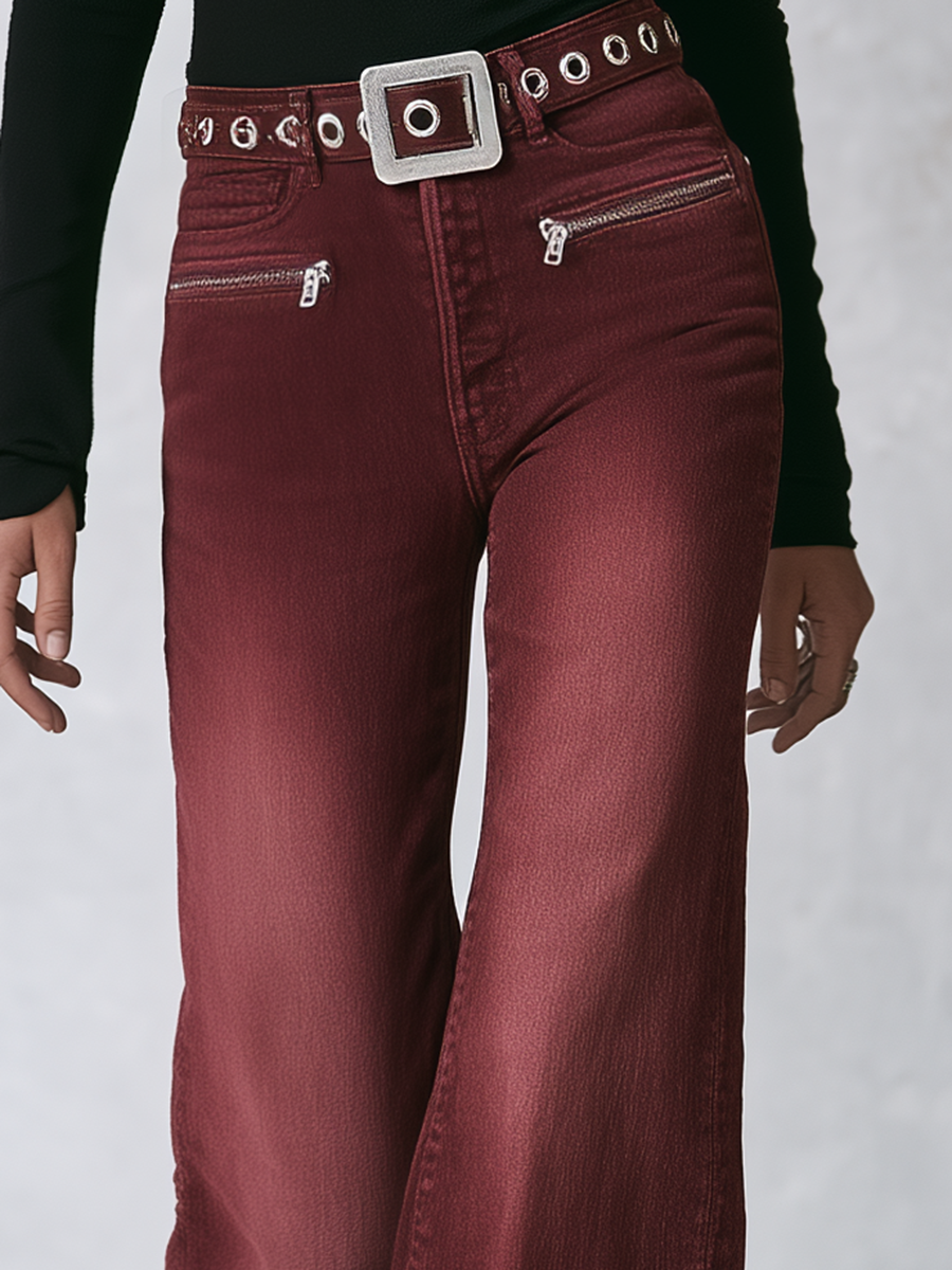 Retro Burgundy Women High Rise Grommet Belt Flare Denim Jeans