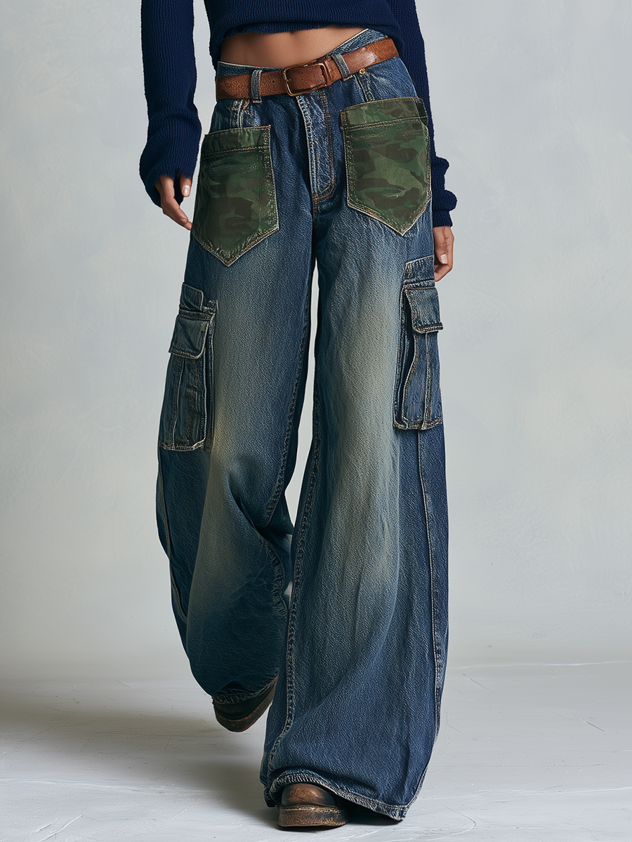 Streetwear Dark Blue Women Camo Patch Cargo Wide Leg Denim Jeans