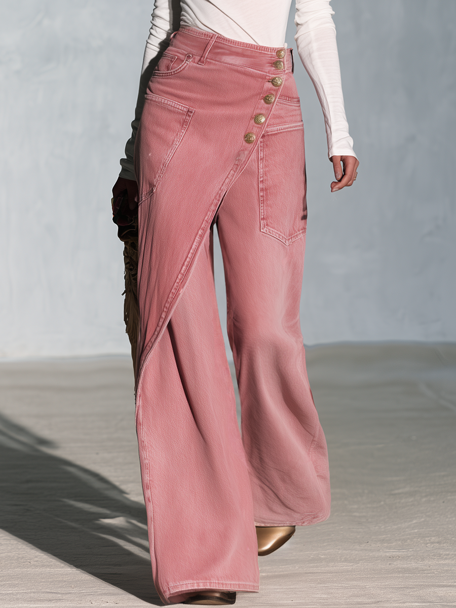 Chic Pink Women Wrap Front Gold Button Wide Leg Denim Jeans