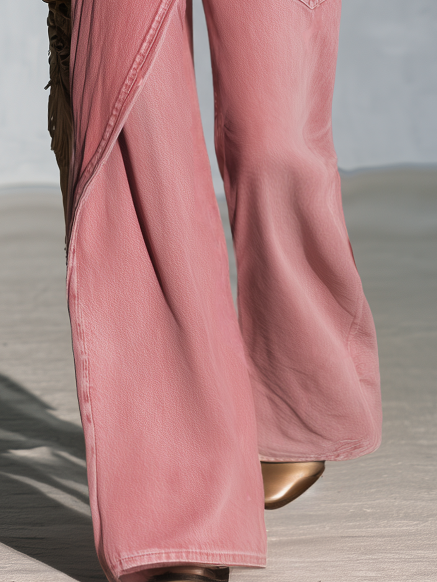 Chic Pink Women Wrap Front Gold Button Wide Leg Denim Jeans