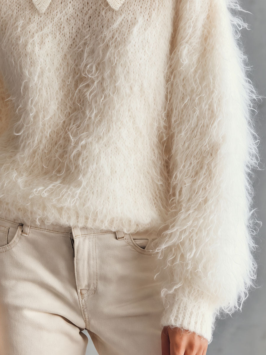 Classic Retro White Mohair Collar Sweater