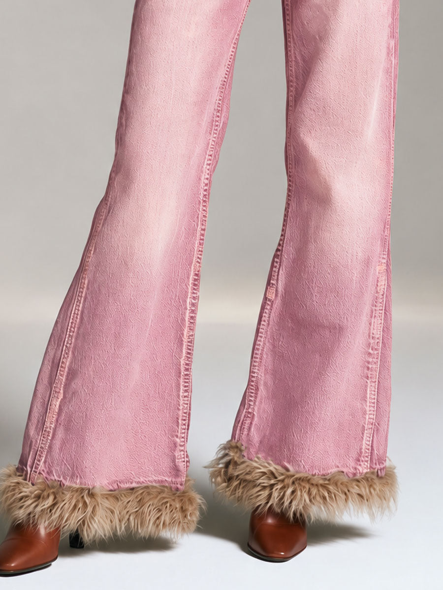 Retro-chic Faux Fur Trim Pink Denim Pants
