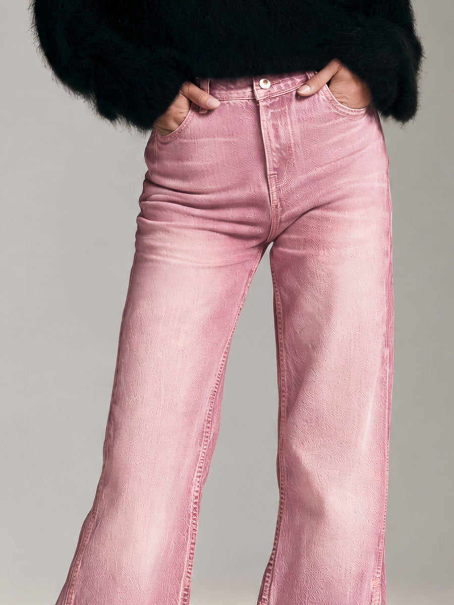 Retro-chic Faux Fur Trim Pink Denim Pants