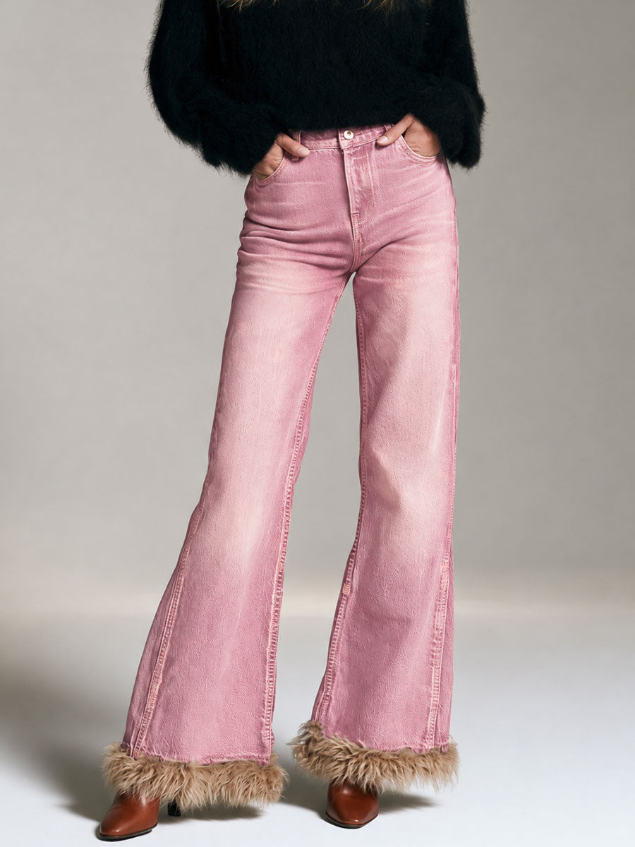 Retro-chic Faux Fur Trim Pink Denim Pants
