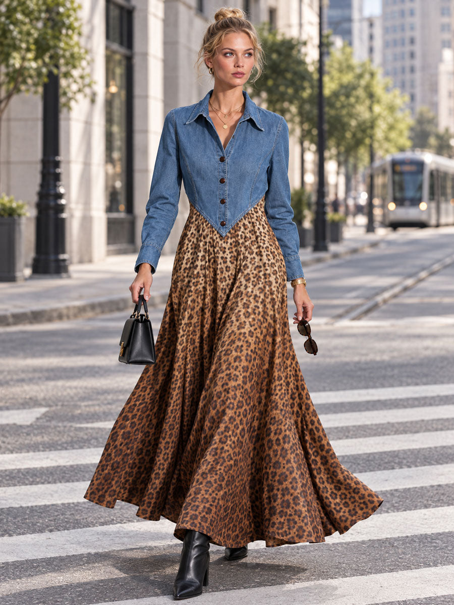 Fashionable Retro Blue Denim Patchwork Leopard Print Velvet Print Maxi Dress