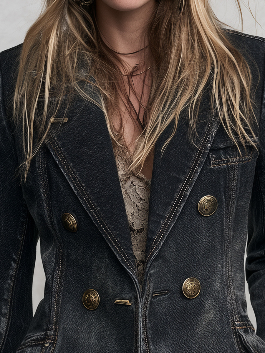 Vintage Black Women Double Breasted Notch Lapel Denim Blazer