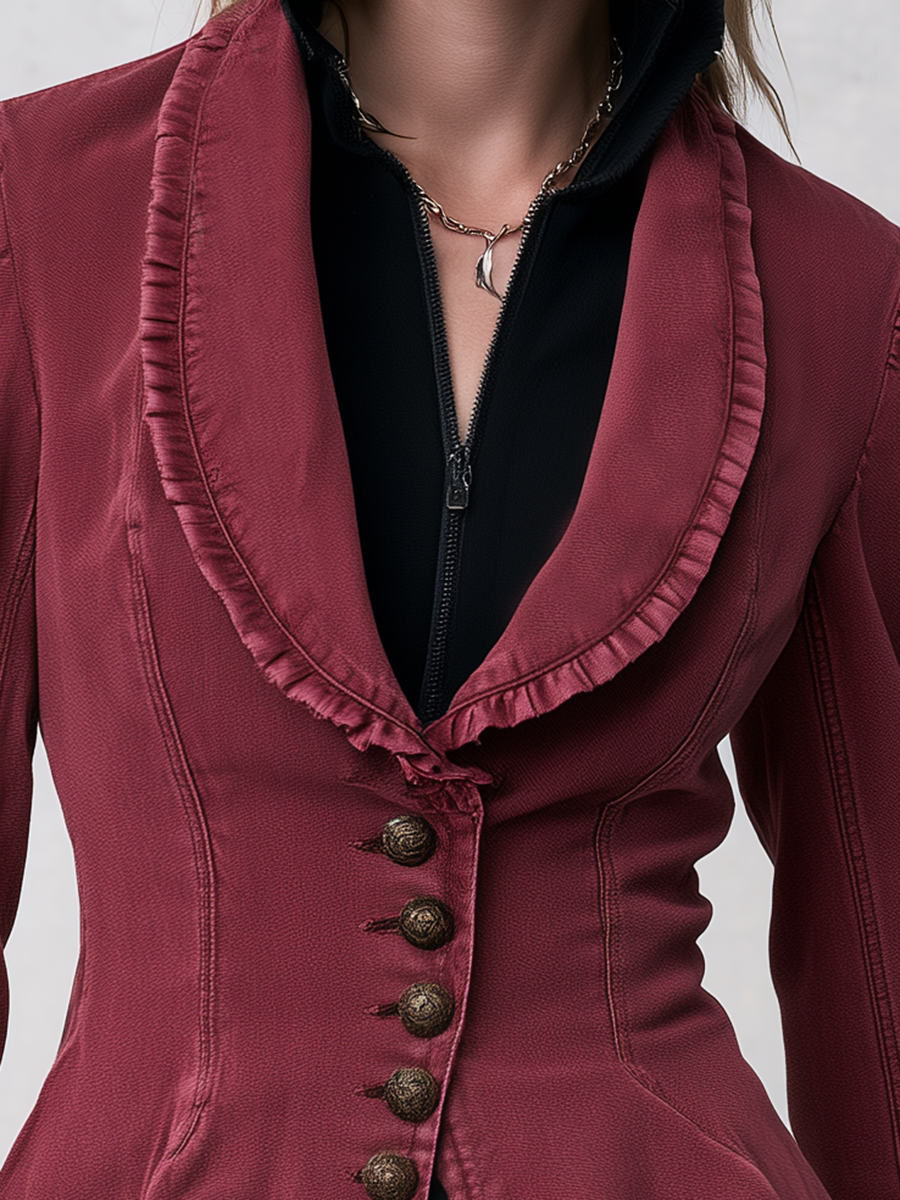 Victorian Burgundy Women Ruffle Collar Peplum Fitted Denim Jacket