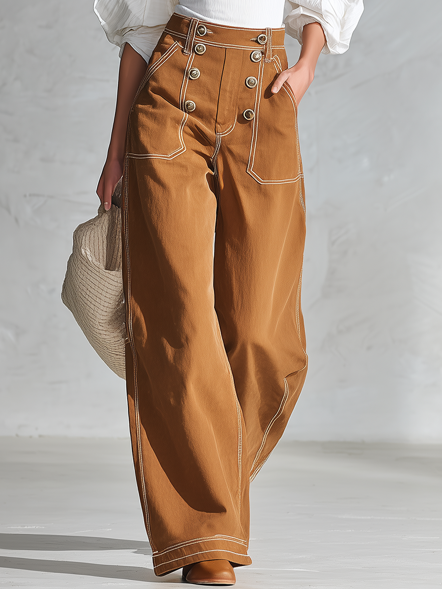 Vintage Caramel Women High Waist Button Front Wide Leg Pants
