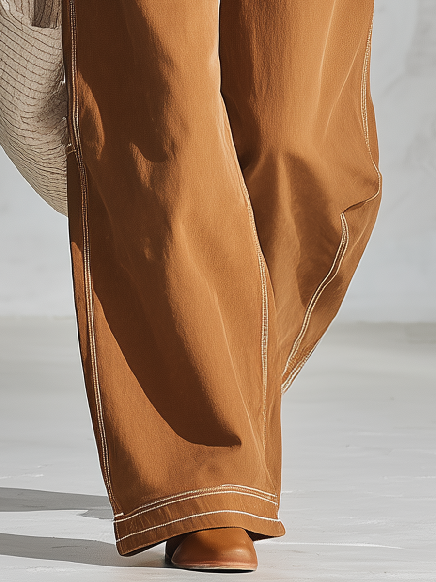 Vintage Caramel Women High Waist Button Front Wide Leg Pants
