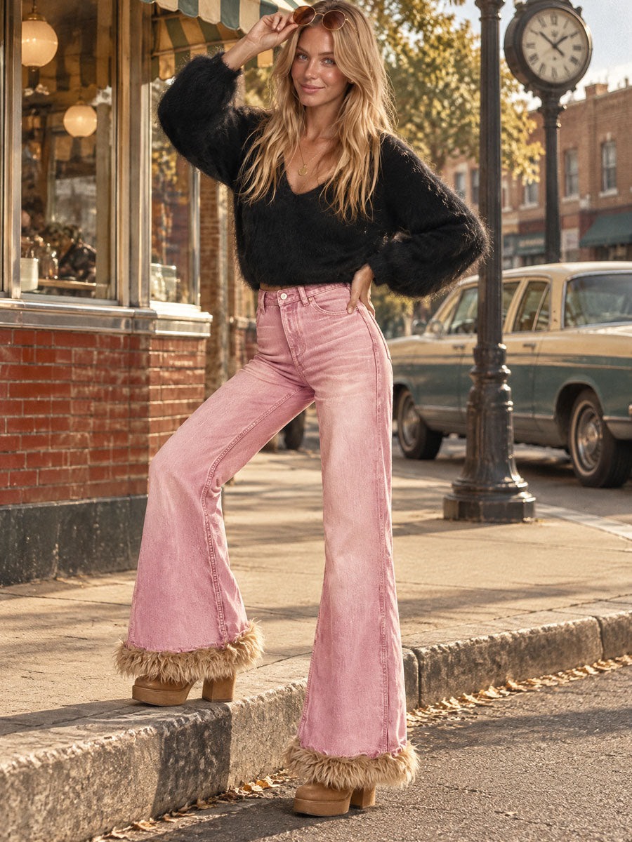 Retro-chic Faux Fur Trim Pink Denim Pants