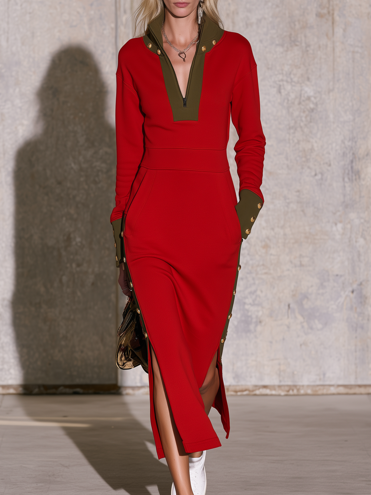Retro Military Red Sweatshirt Midi Dress With Olive Contrast Gold Buttons