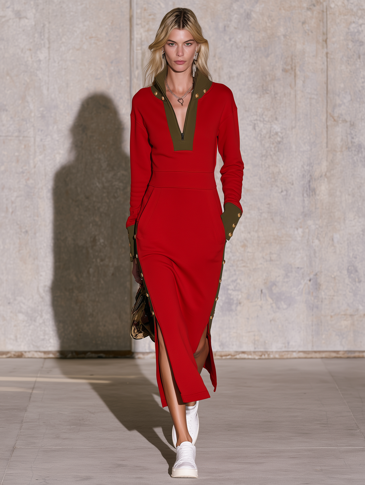 Retro Military Red Sweatshirt Midi Dress With Olive Contrast Gold Buttons