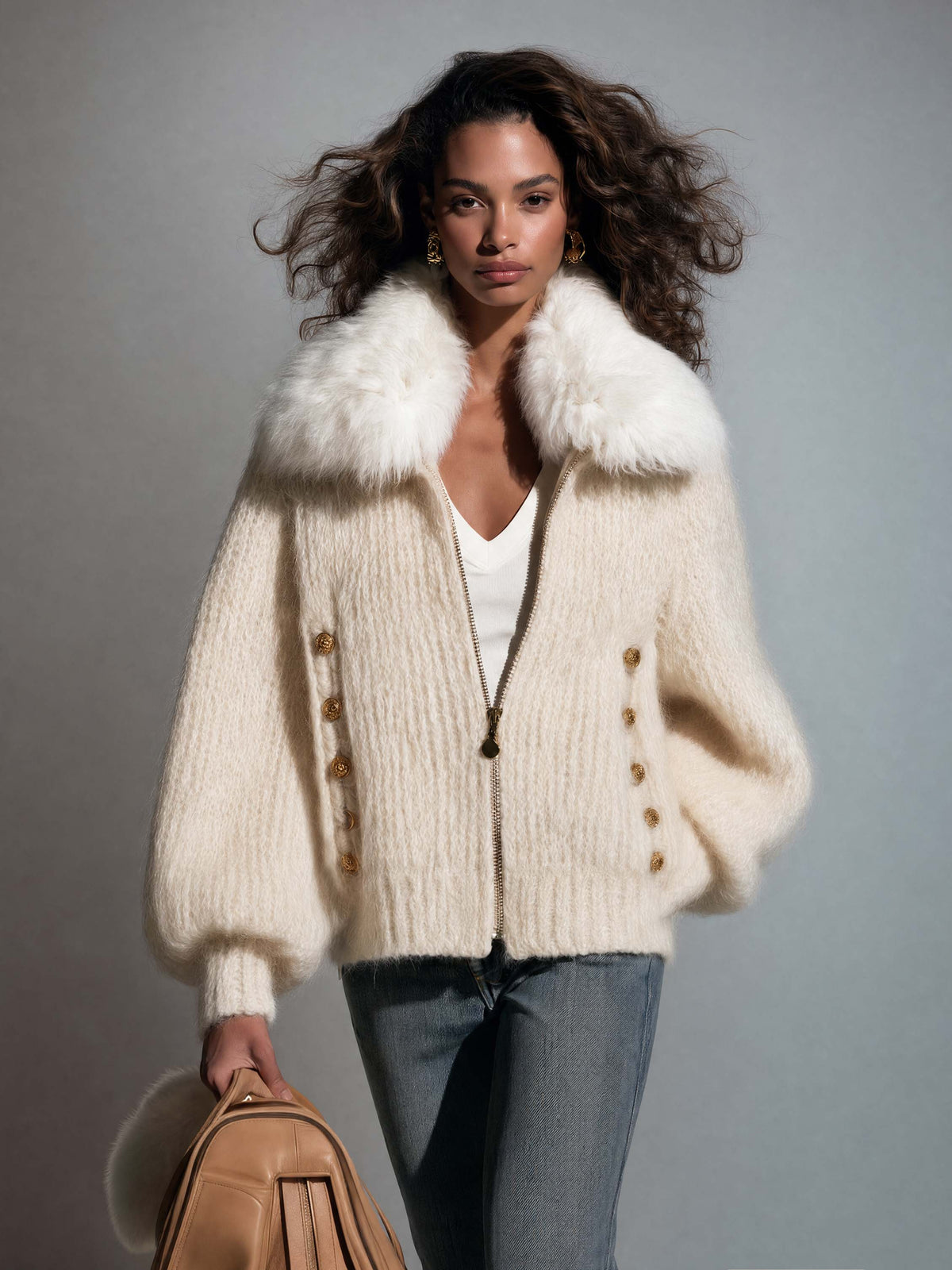 Vintage Chic Cream Fuzzy Knit Women Zip Up Detachable Faux Fur Collar Cardigan