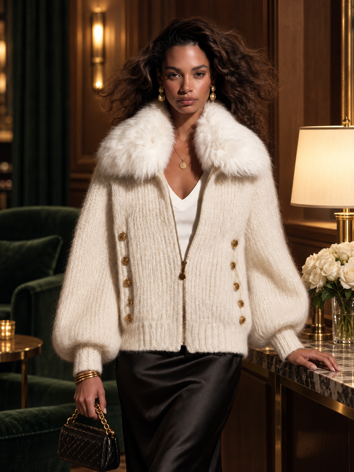 Vintage Chic Cream Fuzzy Knit Women Zip Up Detachable Faux Fur Collar Cardigan