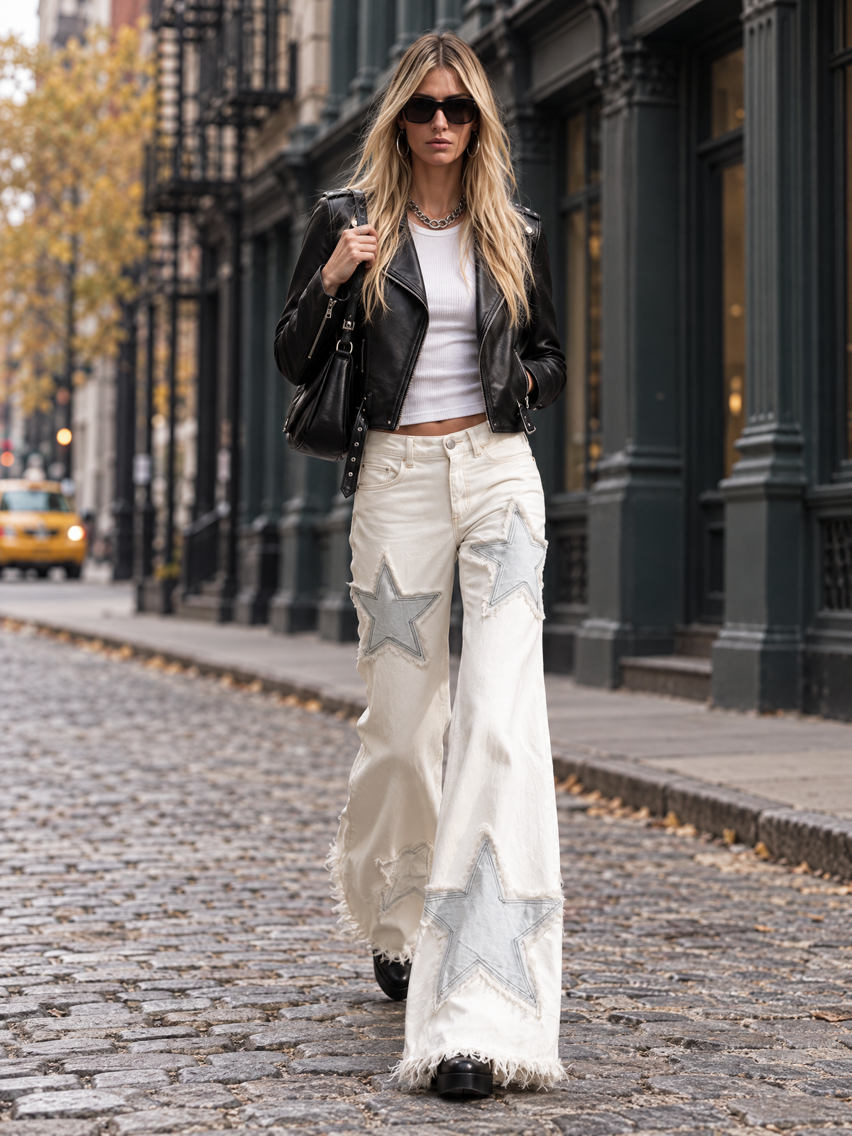Boho Retro Cream White Star Patchwork Frayed Hem Wide Leg Womens Flare Jeans