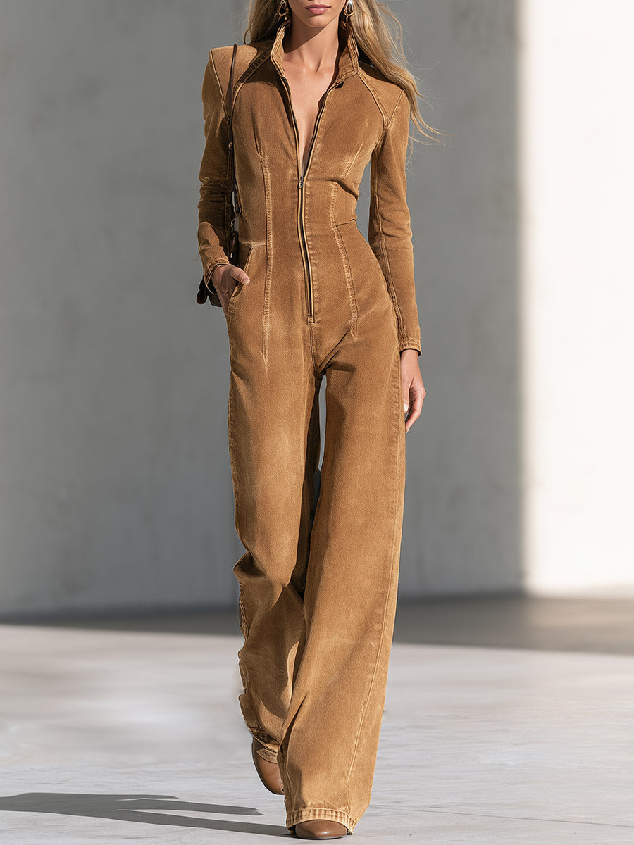 Stylish Collared Front-Zip Caramel-Colored Denim Wide-Leg Jumpsuit