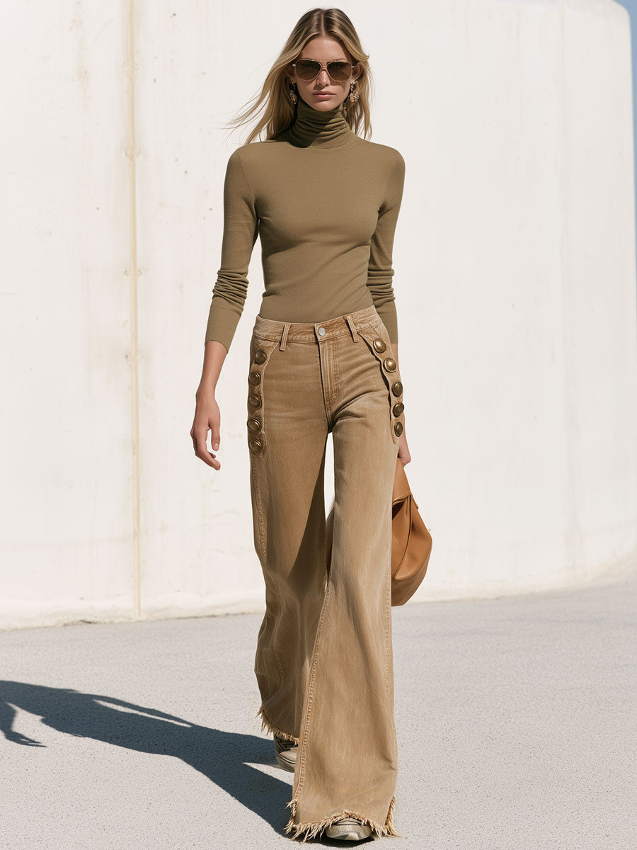 Stylish Retro Military-style Button-down Camel-colored Jeans