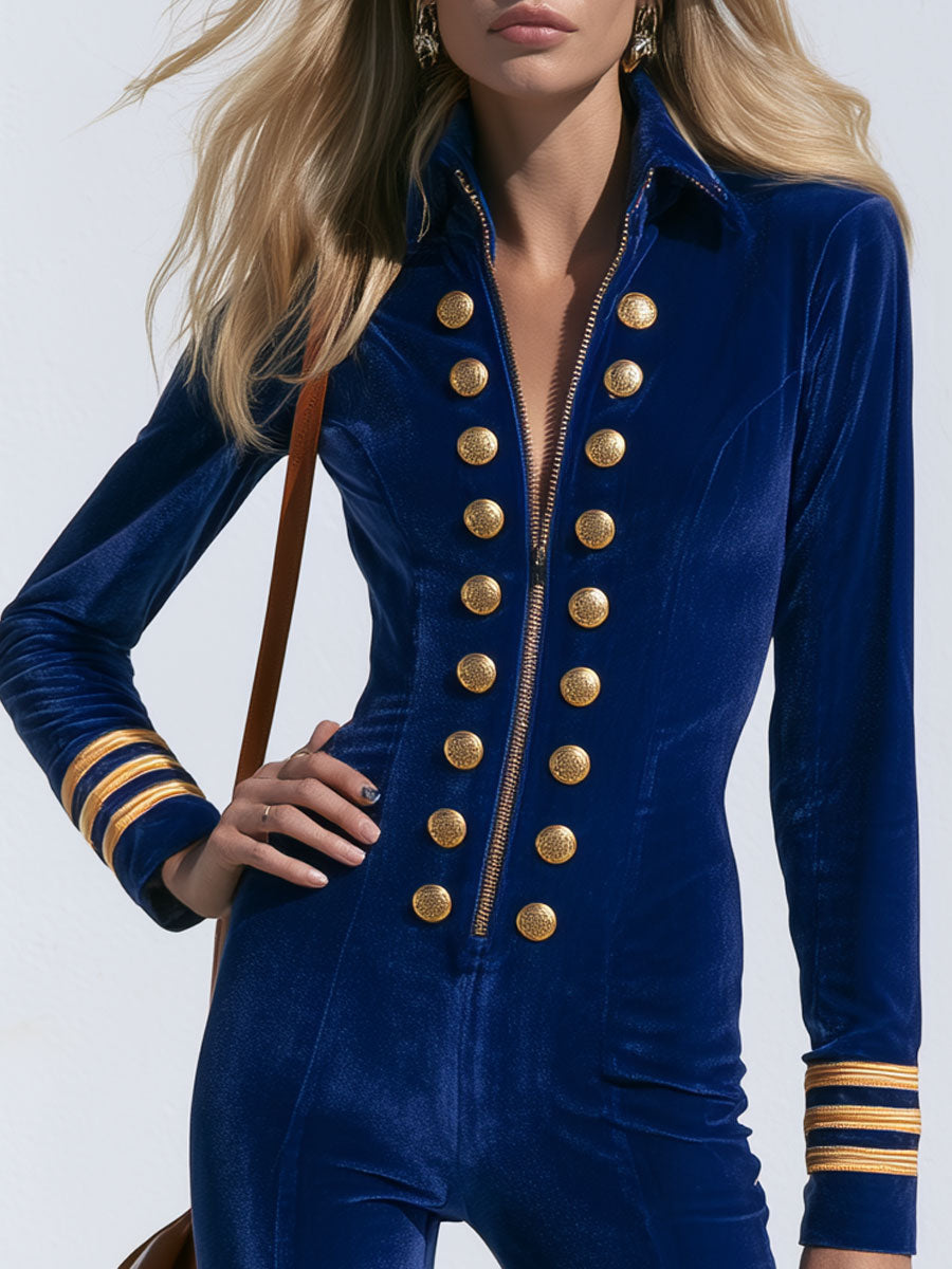 Fashionable Retro Military-style Button Royal Blue Velvet Jumpsuit