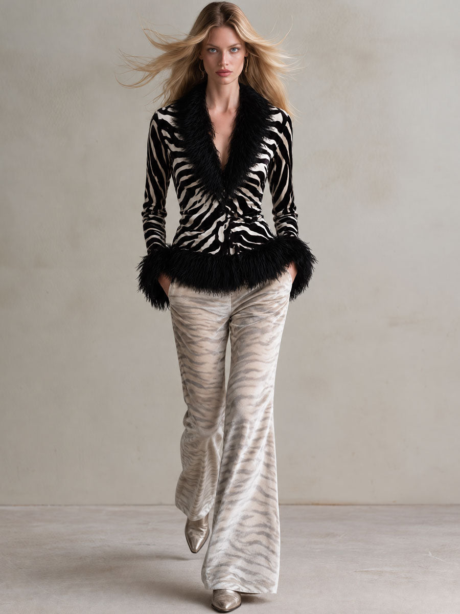Classic Retro Black Faux Fur Collar Zebra Print Velvet Shirt